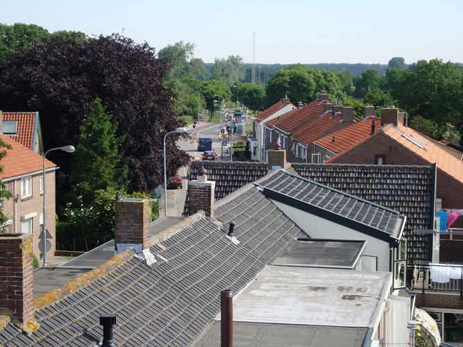 Uitzicht vanaf het dakterras een appartement in project ''de Dokke'' richting het schuttershof.
