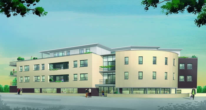 Artist impression van projekt de Dokke te Arnemuiden met EmT&eacute; supermarkt en 19 appartementen.