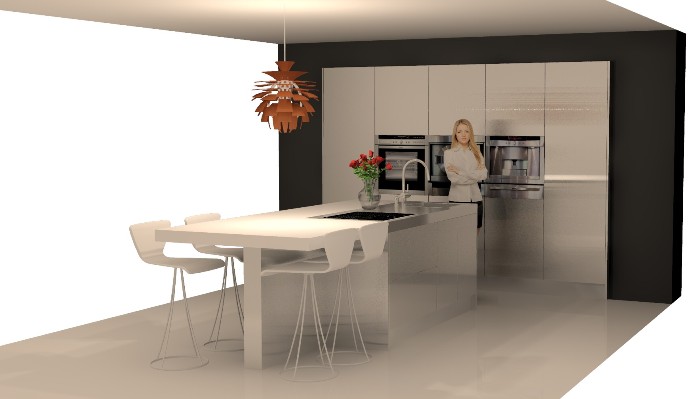 Het eiland van deze S100 keuken komt als het ware haaks op de hoge kasten te staan.